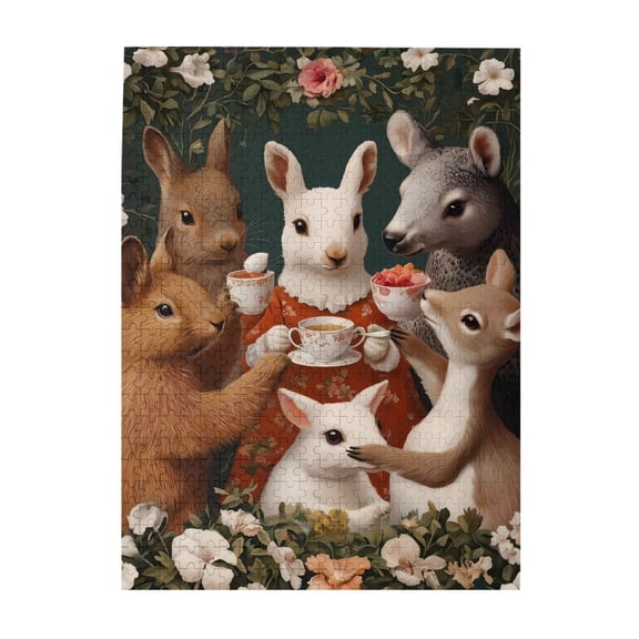 500-Piece Wooden Jigsaw Puzzle for Adults & Families - Rabbits Tea Party Floral , Fun & Educational Brain-Teasing Game, Artistic Home Decor
