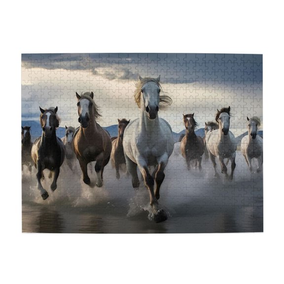 500-Piece Wooden Jigsaw Puzzle for Adults & Families - Running Horses In Water , Fun & Educational Brain-Teasing Game, Artistic Home Decor