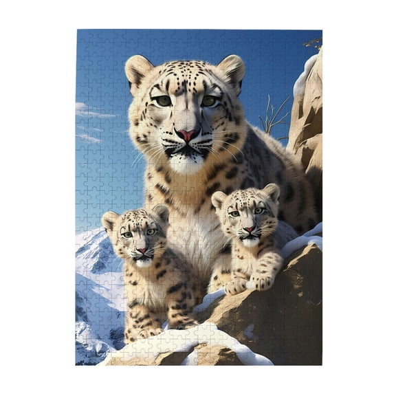 500-Piece Wooden Jigsaw Puzzle for Adults & Families - Snow Leopard Family Mountains , Fun & Educational Brain-Teasing Game, Artistic Home Decor