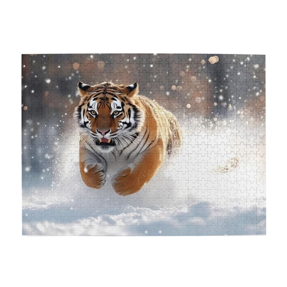 500-Piece Wooden Jigsaw Puzzle for Adults & Families - Tiger Running In Snow , Fun & Educational Brain-Teasing Game, Artistic Home Decor
