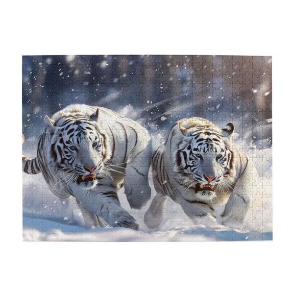 500-Piece Wooden Jigsaw Puzzle for Adults & Families - White Tigers Running Snow , Fun & Educational Brain-Teasing Game, Artistic Home Decor