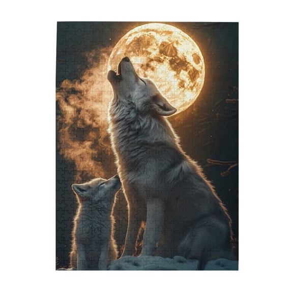 500-Piece Wooden Jigsaw Puzzle for Adults & Families - Wolf Family Howl Full Moon Snow , Fun & Educational Brain-Teasing Game, Artistic Home Decor