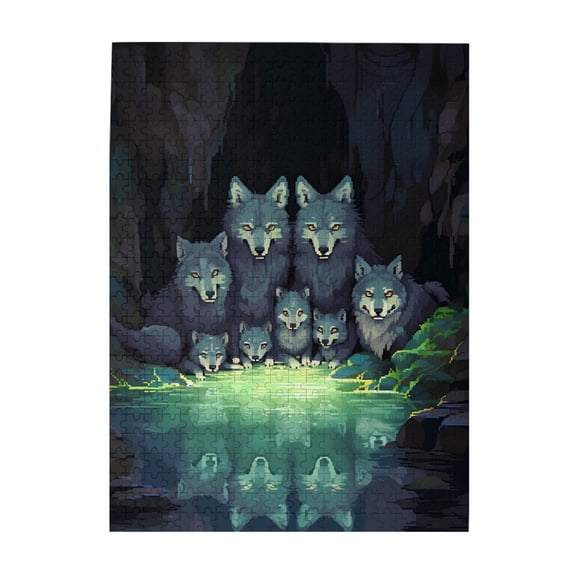 500-Piece Wooden Jigsaw Puzzle for Adults & Families - Wolves Pack Family Pups Cave Water , Fun & Educational Brain-Teasing Game, Artistic Home Decor