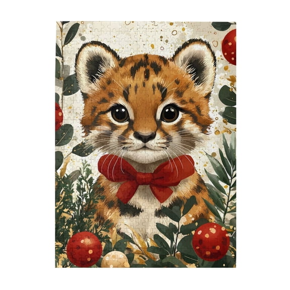 500-Piece Wooden Jigsaw Puzzle for Adults - Feline Cub Bow Foliage Berries , Interlocking Pieces with Guide Letters, Holiday Gift & Home Decor
