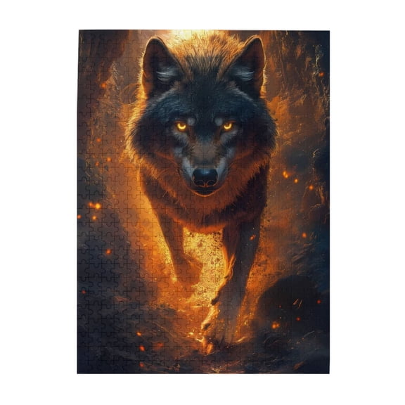 500-Piece Wooden Jigsaw Puzzle for Adults - Fire Wolf Glowing Orange Eyes , Interlocking Pieces with Guide Letters, Holiday Gift & Home Decor