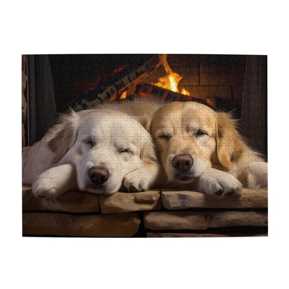 500-Piece Wooden Jigsaw Puzzle for Adults - Fireplace Dogs Sleep Pet Warmth , Fun & Challenging Brain Teaser, Stylish Home Decor & Unique Gift