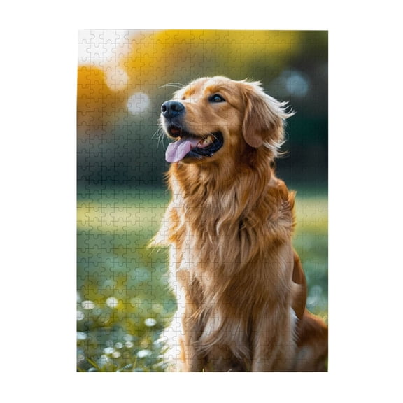 500-Piece Wooden Jigsaw Puzzle for Adults - Golden Retriever Grass Sunset , Interlocking Pieces with Guide Letters, Holiday Gift & Home Decor