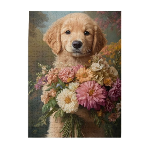 500-Piece Wooden Jigsaw Puzzle for Adults - Golden Retriever Puppy Flowers , Fun & Challenging Brain Teaser, Stylish Home Decor & Unique Gift