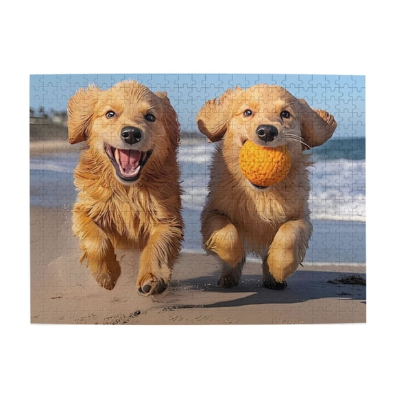 500-Piece Wooden Jigsaw Puzzle for Adults - Golden Retrievers Beach Run , Interlocking Pieces with Guide Letters, Holiday Gift & Home Decor
