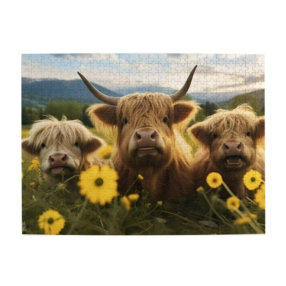 500-Piece Wooden Jigsaw Puzzle for Adults - Highland Cattle Field Flowers , Fun & Challenging Brain Teaser, Stylish Home Decor & Unique Gift
