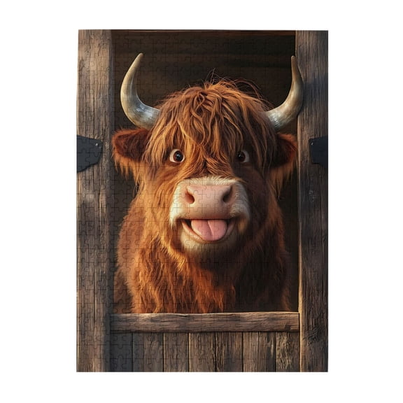 500-Piece Wooden Jigsaw Puzzle for Adults - Highland Cow Cartoon Tongue , Fun & Challenging Brain Teaser, Stylish Home Decor & Unique Gift