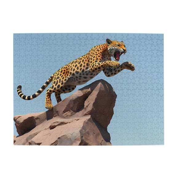500-Piece Wooden Jigsaw Puzzle for Adults - Leopard Jumping Rock Open Mouth , Interlocking Pieces with Guide Letters, Holiday Gift & Home Decor