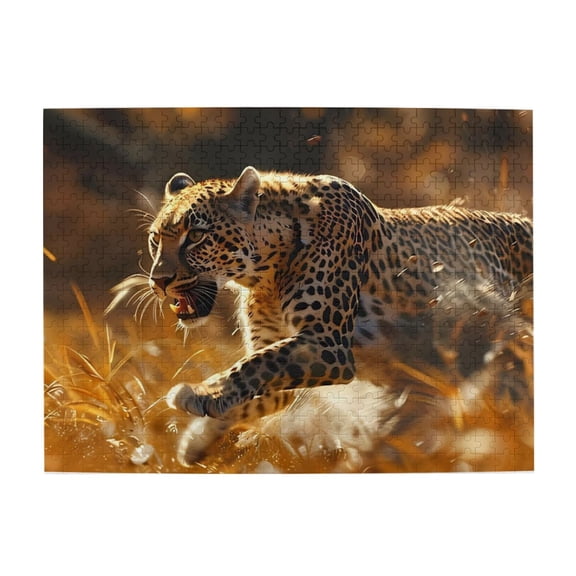 500-Piece Wooden Jigsaw Puzzle for Adults - Leopard Run Wild Golden Grass , Interlocking Pieces with Guide Letters, Holiday Gift & Home Decor