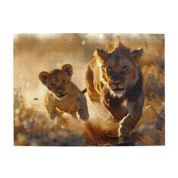 500-Piece Wooden Jigsaw Puzzle for Adults - Lion Cub Chase Running , Interlocking Pieces with Guide Letters, Holiday Gift & Home Decor