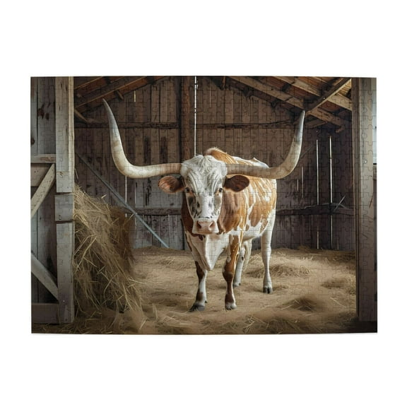 500-Piece Wooden Jigsaw Puzzle for Adults - Longhorn Bull In Barn , Interlocking Pieces with Guide Letters, Holiday Gift & Home Decor