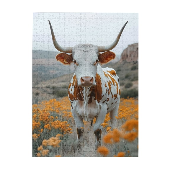 500-Piece Wooden Jigsaw Puzzle for Adults - Longhorn Cattle Wildflowers Hills , Interlocking Pieces with Guide Letters, Holiday Gift & Home Decor