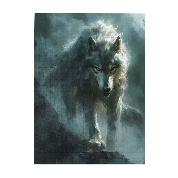 500-Piece Wooden Jigsaw Puzzle for Adults - Misty Spirit Wolf Glowing Eyes , Interlocking Pieces with Guide Letters, Holiday Gift & Home Decor