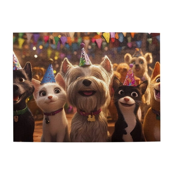 500-Piece Wooden Jigsaw Puzzle for Adults - Party Hats Cats Dogs Celebration , Fun & Challenging Brain Teaser, Stylish Home Decor & Unique Gift