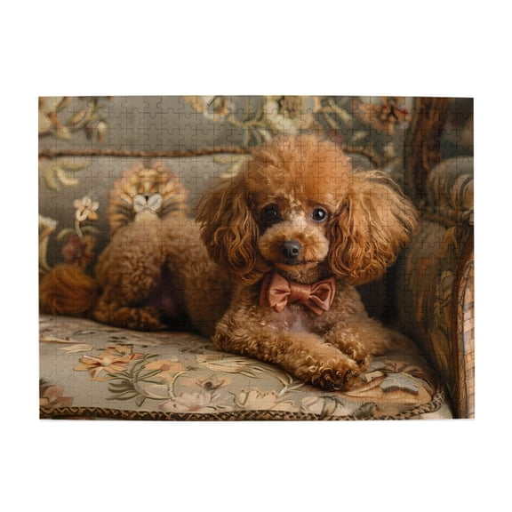 500-Piece Wooden Jigsaw Puzzle for Adults - Poodle Bowtie Floral Couch , Fun & Challenging Brain Teaser, Stylish Home Decor & Unique Gift