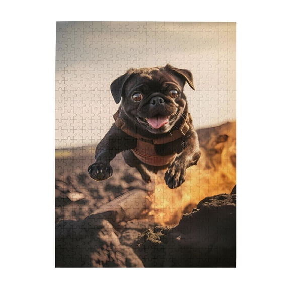 500-Piece Wooden Jigsaw Puzzle for Adults - Pug Leaping Fire Ground Sky , Fun & Challenging Brain Teaser, Stylish Home Decor & Unique Gift