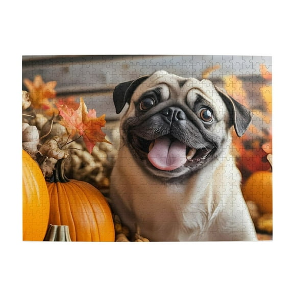 500-Piece Wooden Jigsaw Puzzle for Adults - Pug Pumpkins Autumn Leaves , Challenging Family Art Project, Unique Home Wall Decor Gift