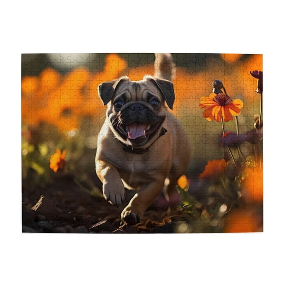500-Piece Wooden Jigsaw Puzzle for Adults - Pug Runs Flower Field , Fun & Challenging Brain Teaser, Stylish Home Decor & Unique Gift