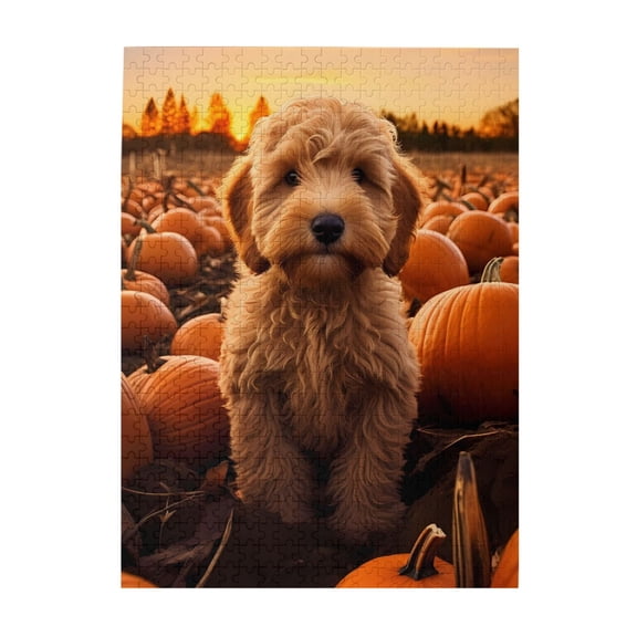 500-Piece Wooden Jigsaw Puzzle for Adults - Puppy Pumpkin Patch Fall Sunset , Interlocking Pieces with Guide Letters, Holiday Gift & Home Decor