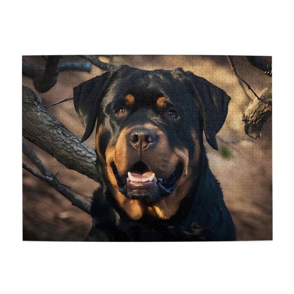 500-Piece Wooden Jigsaw Puzzle for Adults - Rottweiler Portrait Open Mouth , Interlocking Pieces with Guide Letters, Holiday Gift & Home Decor