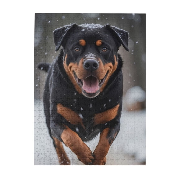 500-Piece Wooden Jigsaw Puzzle for Adults - Rottweiler Winter Leaping Snow , Fun & Challenging Brain Teaser, Stylish Home Decor & Unique Gift