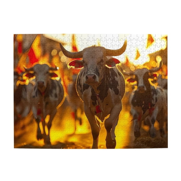 500-Piece Wooden Jigsaw Puzzle for Adults - Running Bulls Sunset Golden Hour , Fun & Challenging Brain Teaser, Stylish Home Decor & Unique Gift