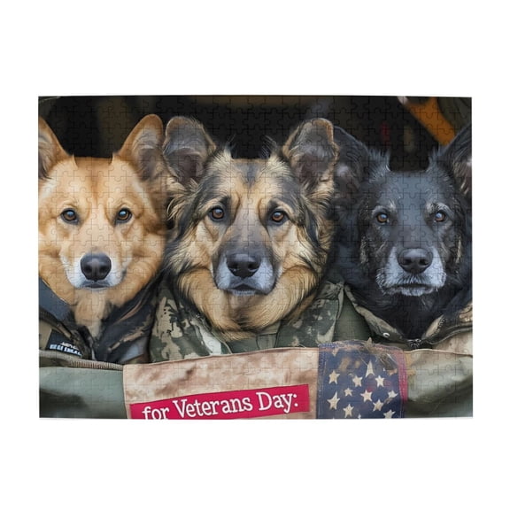 500-Piece Wooden Jigsaw Puzzle for Adults - Three Dogs Camouflage Veteran , Interlocking Pieces with Guide Letters, Holiday Gift & Home Decor