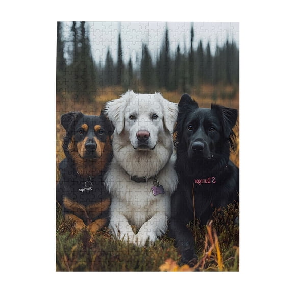 500-Piece Wooden Jigsaw Puzzle for Adults - Three Dogs Forest Field , Interlocking Pieces with Guide Letters, Holiday Gift & Home Decor