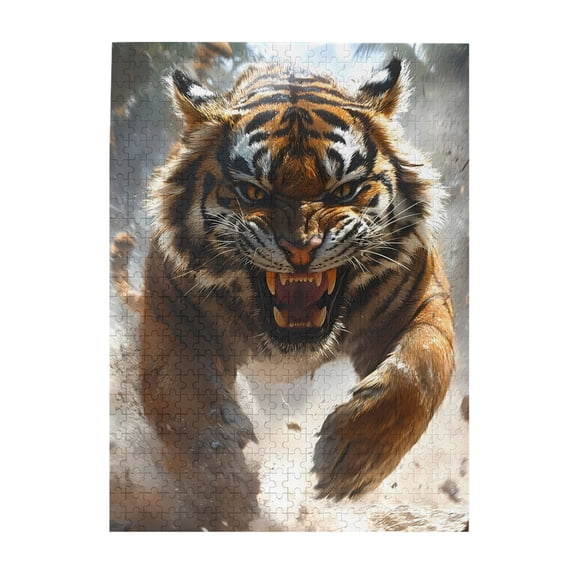 500-Piece Wooden Jigsaw Puzzle for Adults - Tiger Charge Roar Predator Jungle , Interlocking Pieces with Guide Letters, Holiday Gift & Home Decor