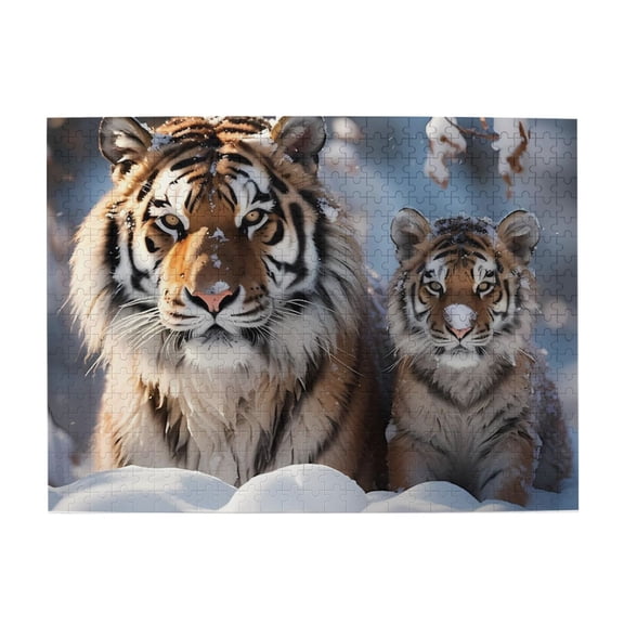 500-Piece Wooden Jigsaw Puzzle for Adults - Tiger Cub In Snow Winter , Fun & Challenging Brain Teaser, Stylish Home Decor & Unique Gift
