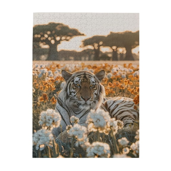 500-Piece Wooden Jigsaw Puzzle for Adults - Tiger Wildflowers Golden Field , Interlocking Pieces with Guide Letters, Holiday Gift & Home Decor