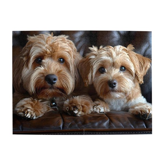 500-Piece Wooden Jigsaw Puzzle for Adults - Two Puppies Leather Couch , Challenging Family Art Project, Unique Home Wall Decor Gift