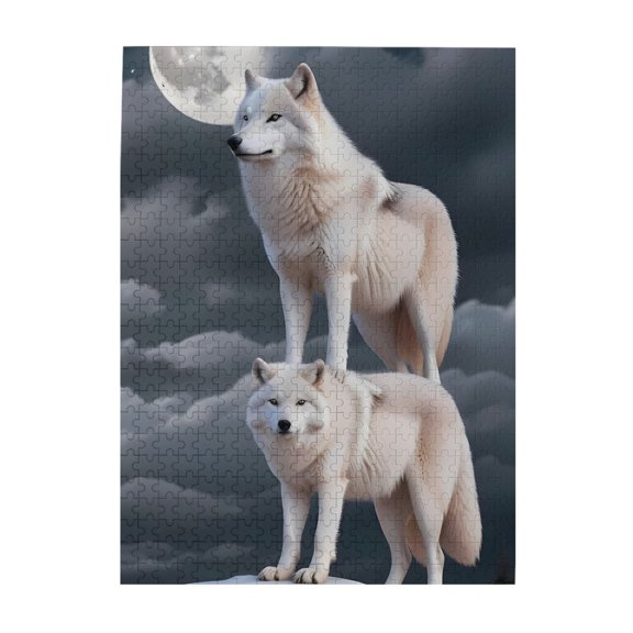 500-Piece Wooden Jigsaw Puzzle for Adults - Two White Wolves Moon Stars Cliff , Interlocking Pieces with Guide Letters, Holiday Gift & Home Decor