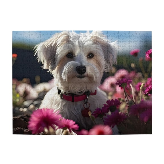 500-Piece Wooden Jigsaw Puzzle for Adults - White Dog Pink Flowers Collar , Interlocking Pieces with Guide Letters, Holiday Gift & Home Decor
