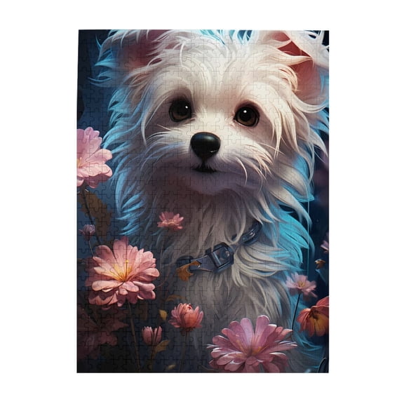 500-Piece Wooden Jigsaw Puzzle for Adults - White Fur Puppy Pink Flowers , Interlocking Pieces with Guide Letters, Holiday Gift & Home Decor