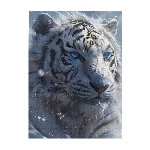 500-Piece Wooden Jigsaw Puzzle for Adults - White Tiger Blue Eyes Ice Snow , Interlocking Pieces with Guide Letters, Holiday Gift & Home Decor