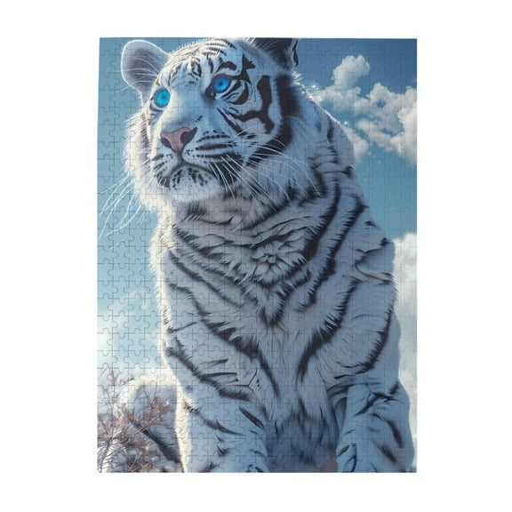 500-Piece Wooden Jigsaw Puzzle for Adults - White Tiger Blue Eyes Snow , Interlocking Pieces with Guide Letters, Holiday Gift & Home Decor