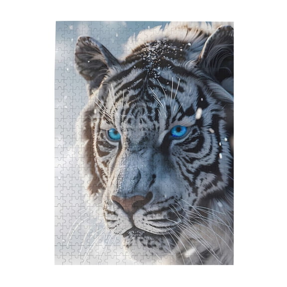 500-Piece Wooden Jigsaw Puzzle for Adults - White Tiger Blue Eyes Stripes , Interlocking Pieces with Guide Letters, Holiday Gift & Home Decor
