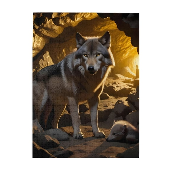 500-Piece Wooden Jigsaw Puzzle for Adults - Wolf Cub Family Cave Wildlife , Interlocking Pieces with Guide Letters, Holiday Gift & Home Decor