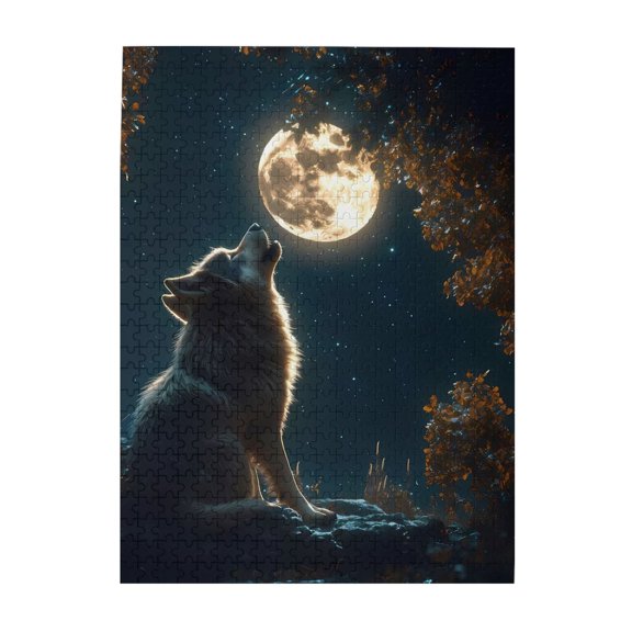 500-Piece Wooden Jigsaw Puzzle for Adults - Wolf Howl Moon Stars Night , Interlocking Pieces with Guide Letters, Holiday Gift & Home Decor