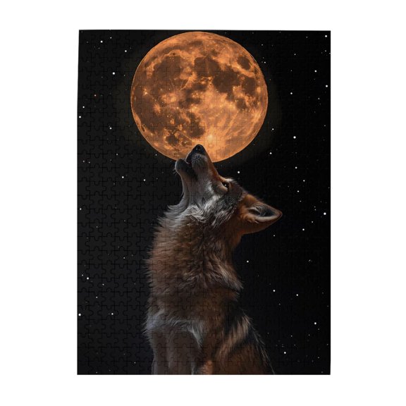 500-Piece Wooden Jigsaw Puzzle for Adults - Wolf Howling Moon Night Stars , Interlocking Pieces with Guide Letters, Holiday Gift & Home Decor