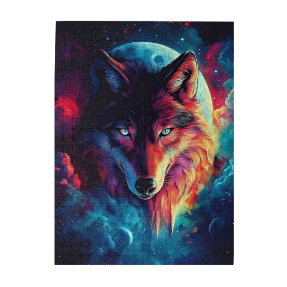 500-Piece Wooden Jigsaw Puzzle for Adults - Wolf Moon Galaxy Nebula Stars , Interlocking Pieces with Guide Letters, Holiday Gift & Home Decor