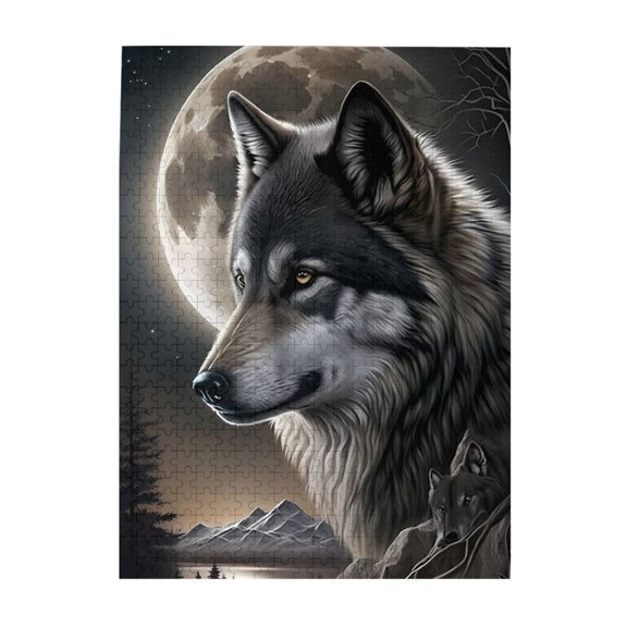 500-Piece Wooden Jigsaw Puzzle for Adults - Wolf Moon Night Forest Stars , Interlocking Pieces with Guide Letters, Holiday Gift & Home Decor