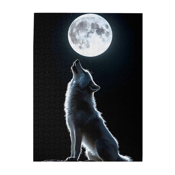 500-Piece Wooden Jigsaw Puzzle for Adults - Wolf Moon Night Stars Sky , Interlocking Pieces with Guide Letters, Holiday Gift & Home Decor
