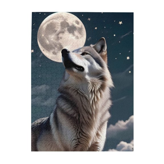 500-Piece Wooden Jigsaw Puzzle for Adults - Wolf Moon Stars Night Forest , Interlocking Pieces with Guide Letters, Holiday Gift & Home Decor
