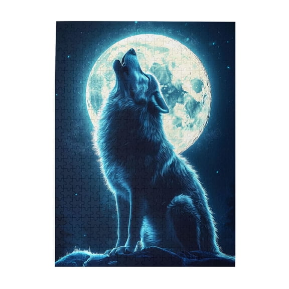 500-Piece Wooden Jigsaw Puzzle for Adults - Wolf Moon Stars Night , Fun & Challenging Brain Teaser, Stylish Home Decor & Unique Gift